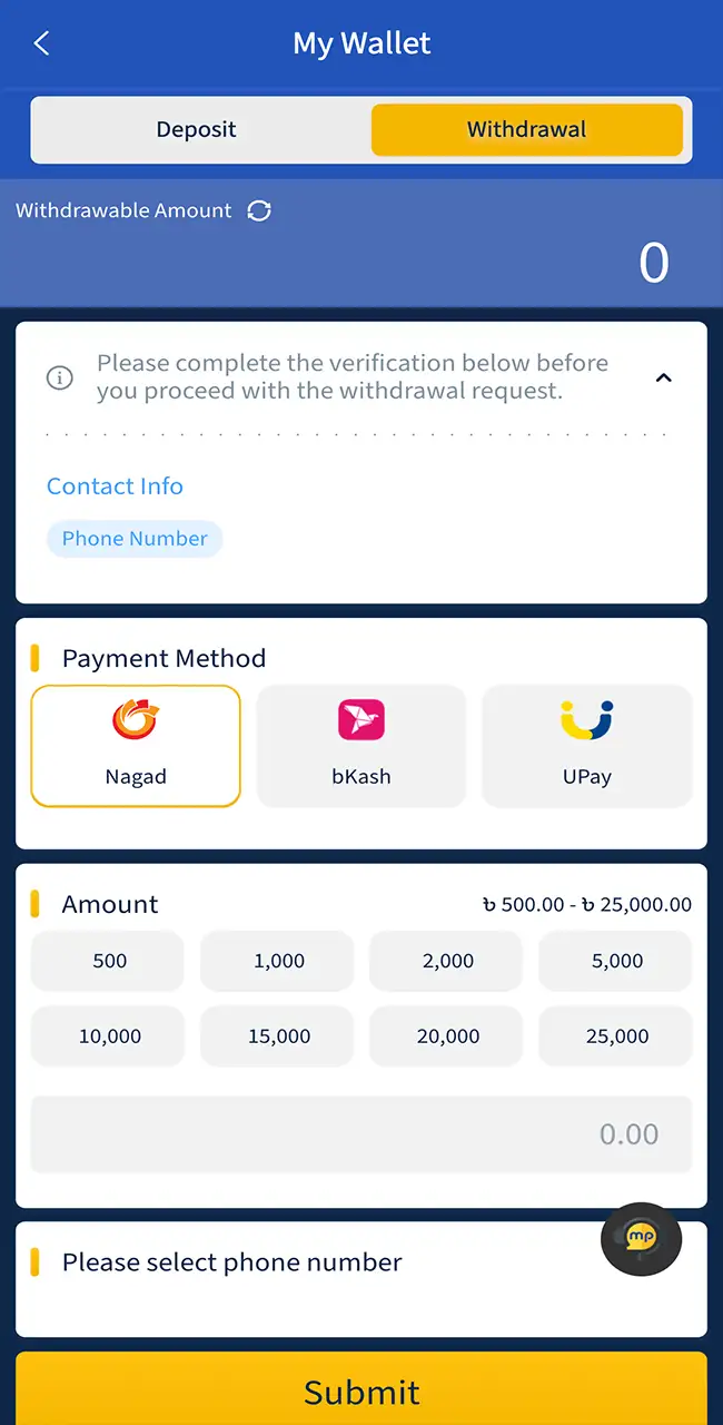 Once logged into your Mostplay account go to Wallet.